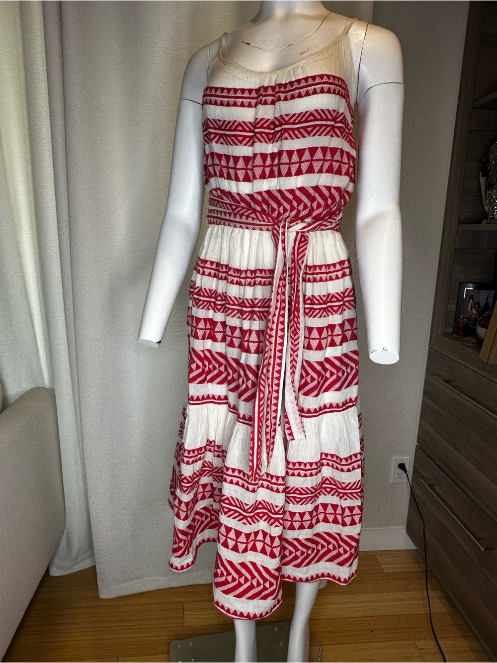 Red & White Striped Tribal Maxi Dress with Tie Waist